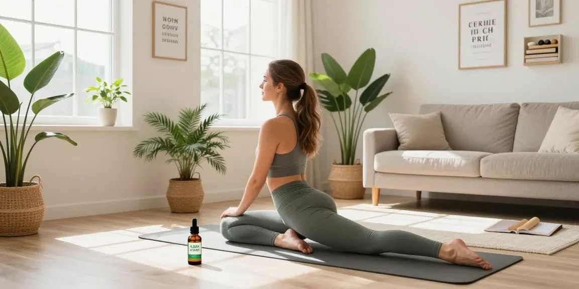 oficiální Ministry of Cannabis CBD oil bottle beside a woman practicing yoga in a bright living room, promoting natural wellness