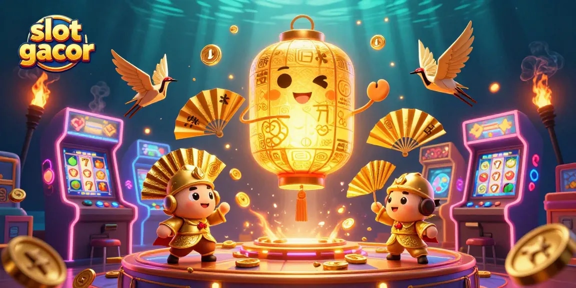 Engage with slot gacor as the golden lantern spirit oversees a lively casino scene filled with vibrant game elements.