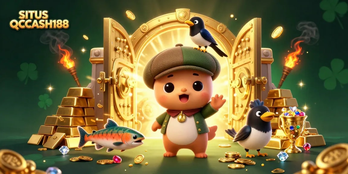 Engage with thrilling slots and sports betting on SITUS QQCASH188, featuring vibrant characters and gold treasures.