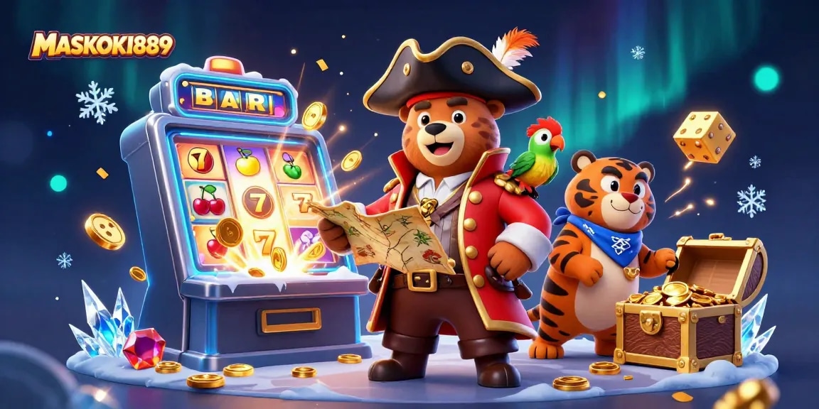 Engage with MASKOKI889, enjoy dynamic 3D casino adventure featuring slots, treasure, and vibrant characters.