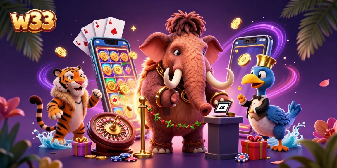 Engage with the exciting w33 casino scene featuring a woolly mammoth bouncer and poker games.