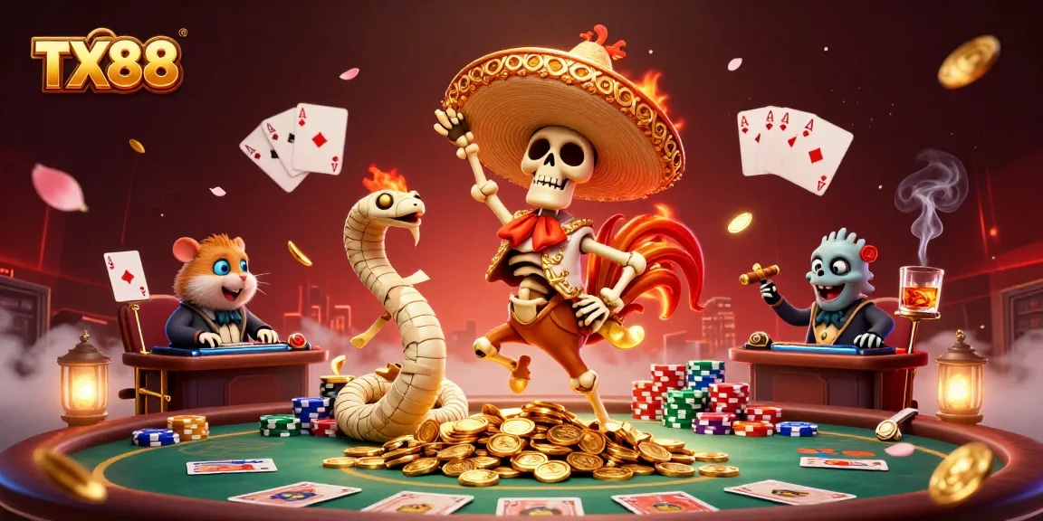 TX88 showcases a lively casino scene with a dancing mariachi rooster, surrounded by dynamic poker elements.