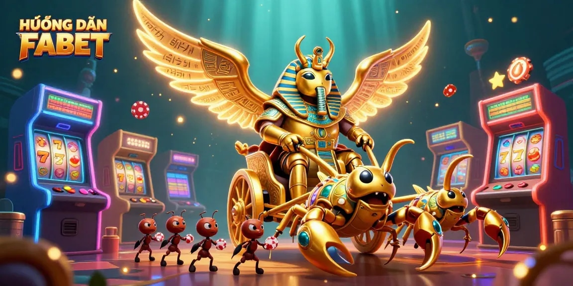 Engage with HƯỚNG DẪN FABET featuring a golden scarab beetle and scorpions amidst vibrant casino elements.