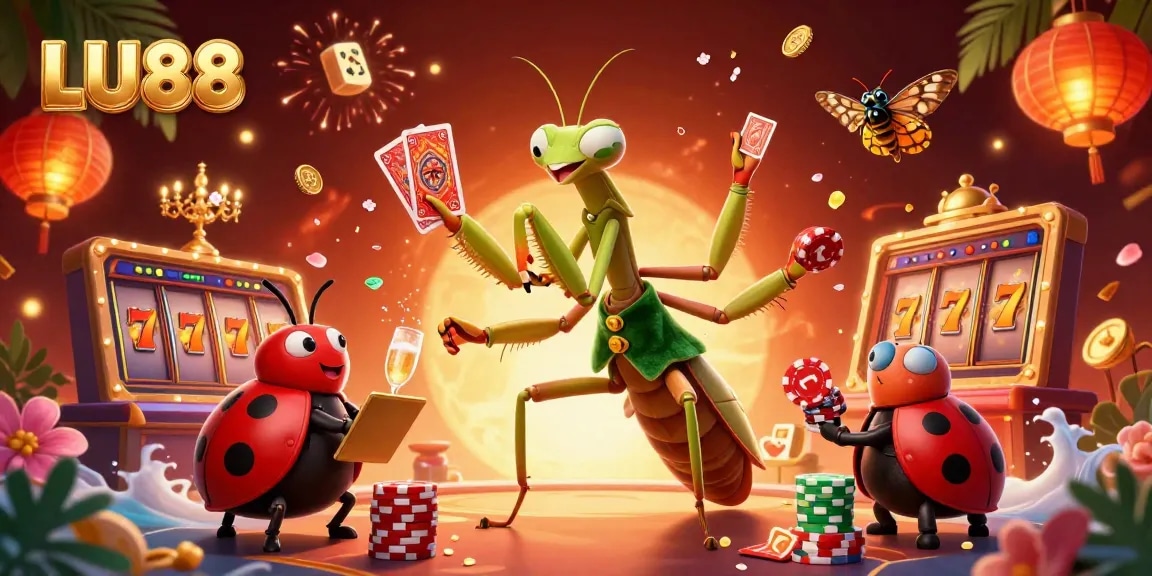 LU88 invites gamers with a vibrant casino scene featuring a mantis dealer and rewards.