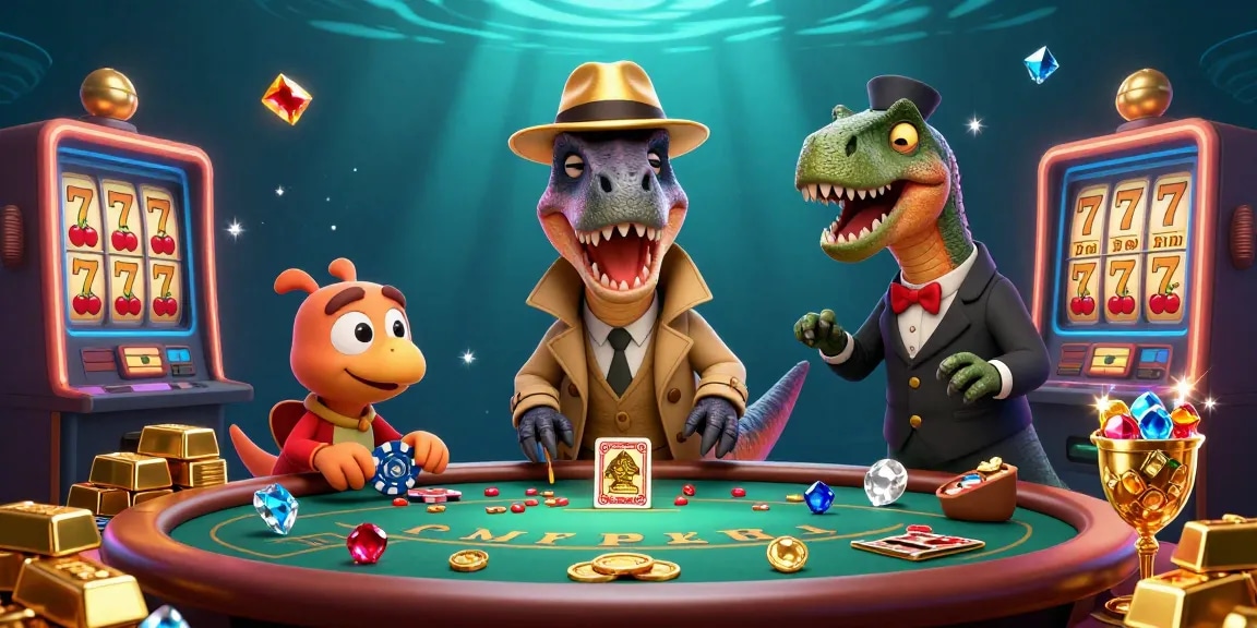 TT88 velociraptor sneaks chips at a blackjack table amidst scattered treasures and slot machines.