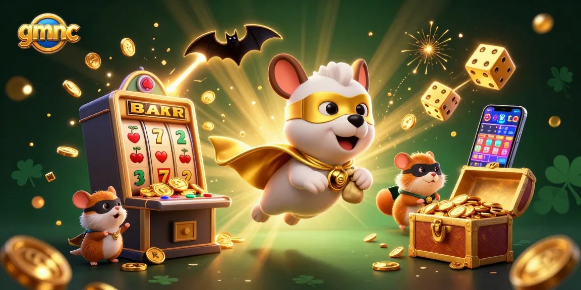 gmnc superhero dog flies amidst an explosion of casino elements, signifying dynamic online gambling.