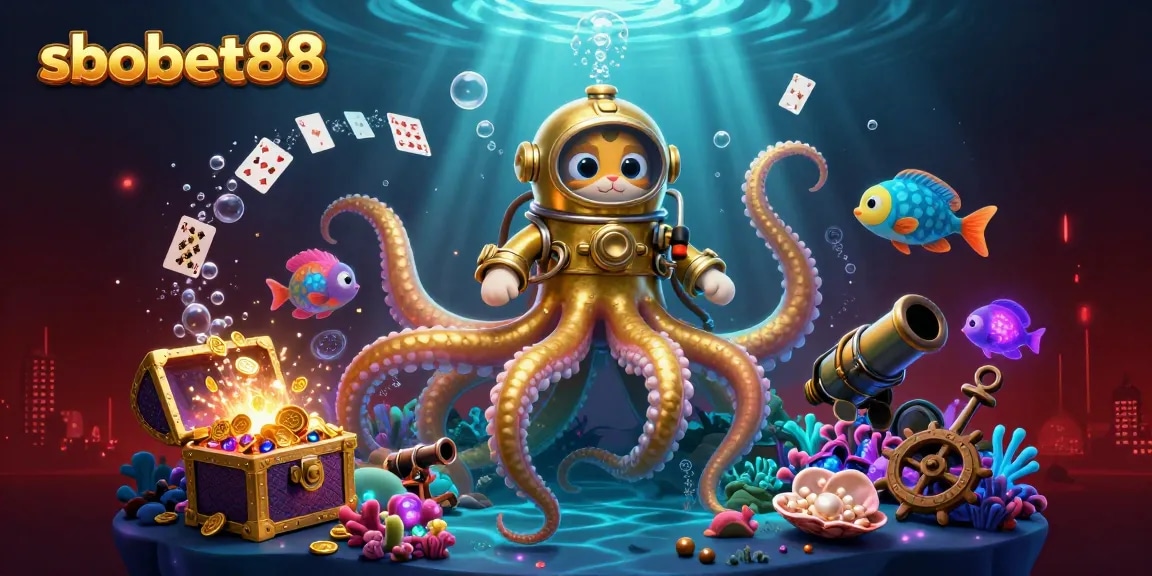 Bet on sbobet88 with this vibrant 3D illustration showcasing a kraken, diving cat, and treasures.