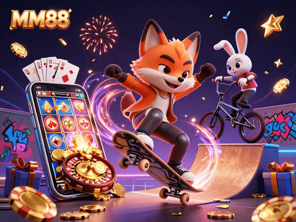 MM88 experience with a skateboarder fox and BMX rabbit showcasing online slots excitement amid casino elements.