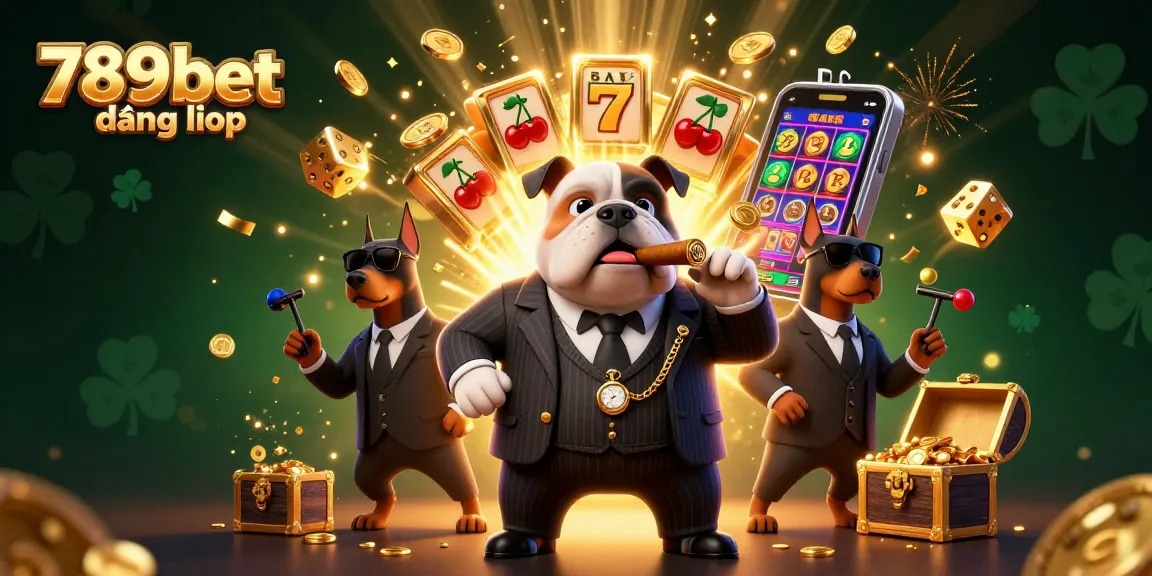 Engage with thrilling casino action at 789bet đăng nhập, featuring a dynamic scene of a mafia boss bulldog and his bodyguards.