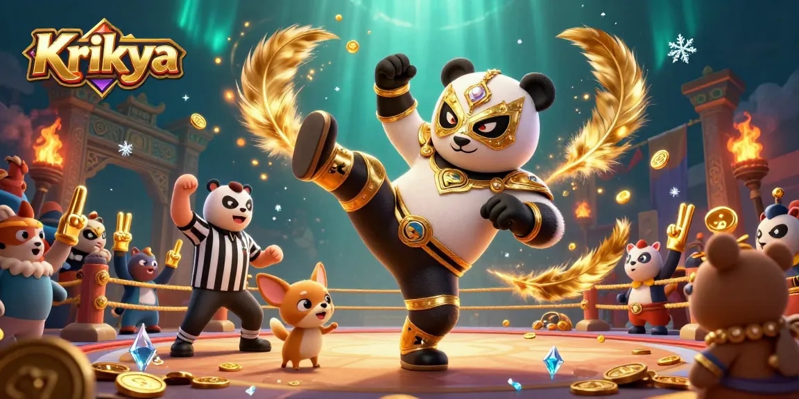 Krikya engages players with a vibrant 3D illustration featuring dynamic casino action.