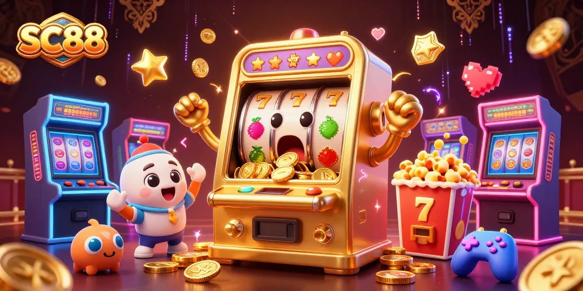 SC88 slot machine hits a jackpot, coins pour out, with cheering machines and popcorn effect.