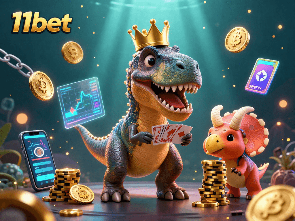 Engage with 11bet's exciting 3D illustration of a T-Rex card shuffling and a baby triceratops stacking chips.