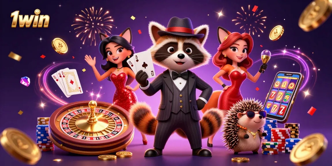 1win raccoon holding royal flush in a vibrant, energetic casino scene with lively elements.