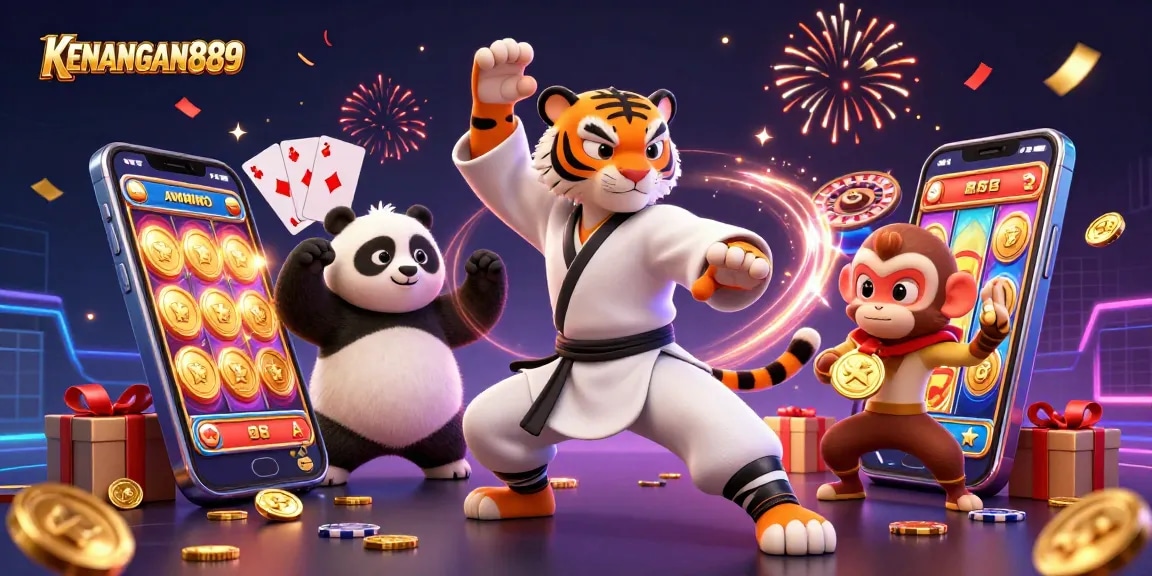 Play colorful slot games at KENANGAN889 with animated characters and casino elements.