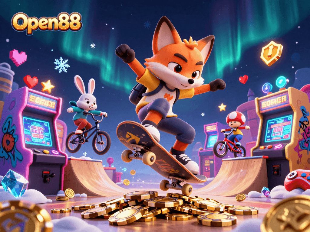 Open88 showcases exciting 3D characters in a dynamic gaming scene with vibrant casino elements.