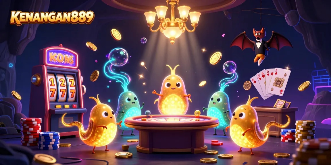 KENANGAN889 showcases an illuminated casino with glowworms and a bat dealer, capturing excitement.