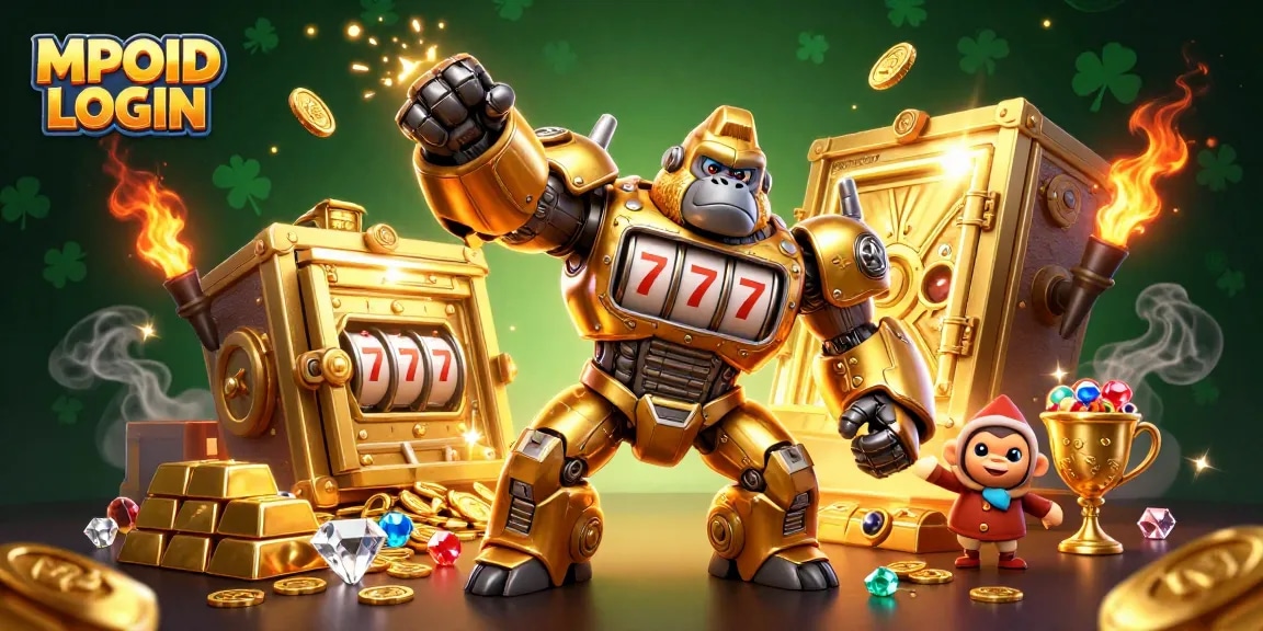 Experience seamless MPOID LOGIN with a golden gorilla mech among coins and treasures in a vibrant casino setting.
