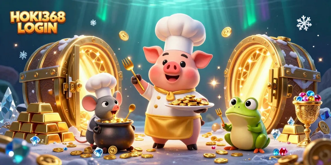 Experience HOKI368 LOGIN with exciting casino elements and dynamic characters in a vibrant 3D illustration.