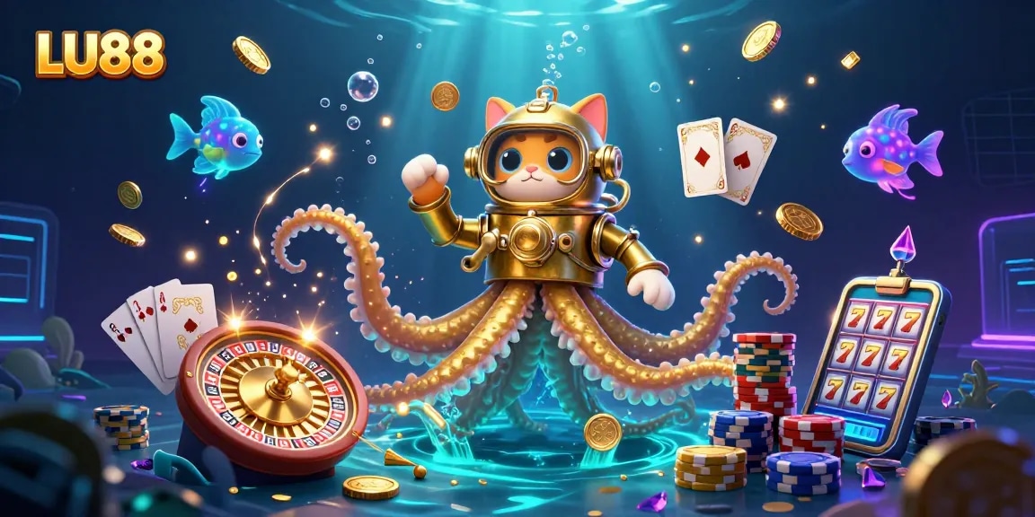 LU88 players enjoy vibrant gaming experience showcased by golden kraken and diving cat in thrilling casino scene.