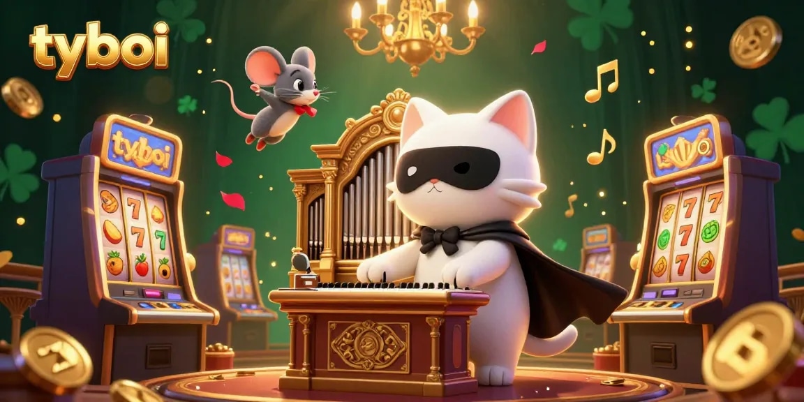 Spin the reels with tyboi in a vibrant casino illustration featuring dynamic characters and immersive game elements.