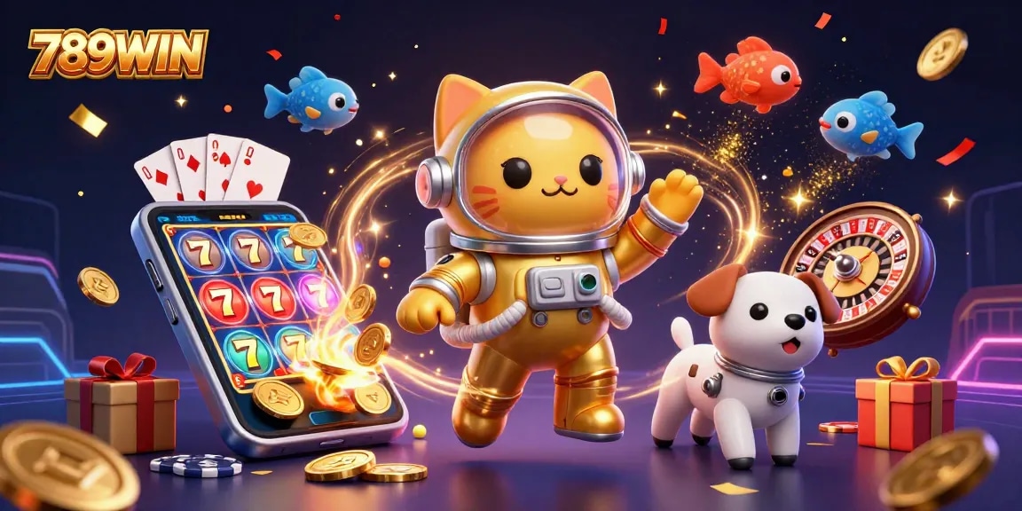 789WIN captivates players with a vibrant scene showcasing a space cat in a golden suit and gaming elements.