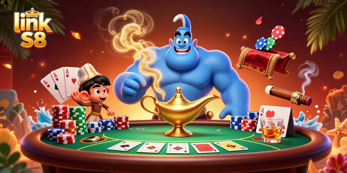 Engage with the thrill of link S8, where a muscular genie and friends bring casino magic with colorful poker chips.