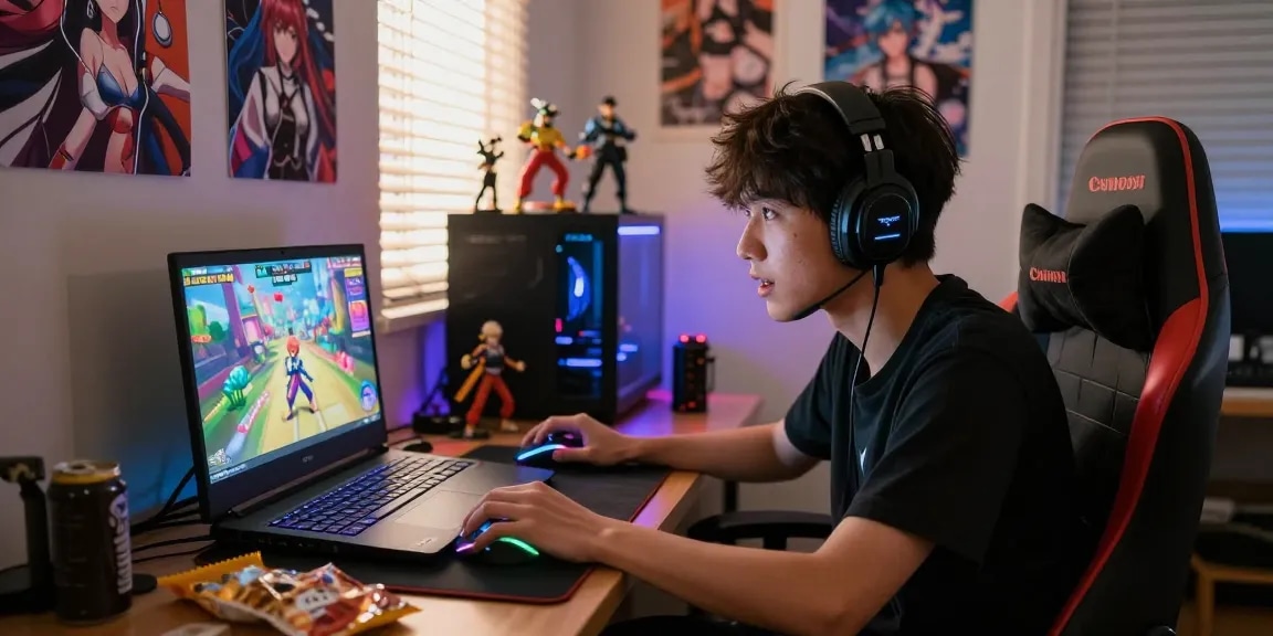 Young adult immersed in an ecchi simulator game in a vibrant gaming setup.