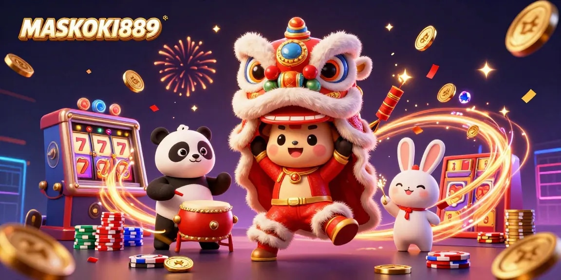 Experience the excitement of MASKOKI889 with vibrant characters celebrating winning slots and jackpots.