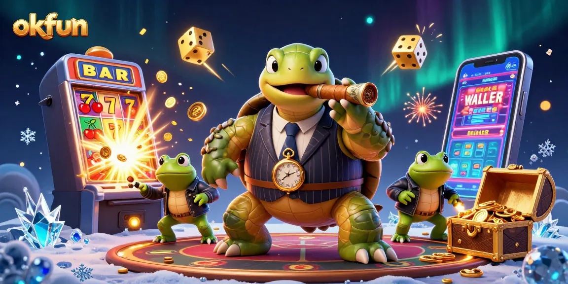 Engage in thrilling gaming at okfun, featuring a charming turtle mobster and vibrant casino elements.