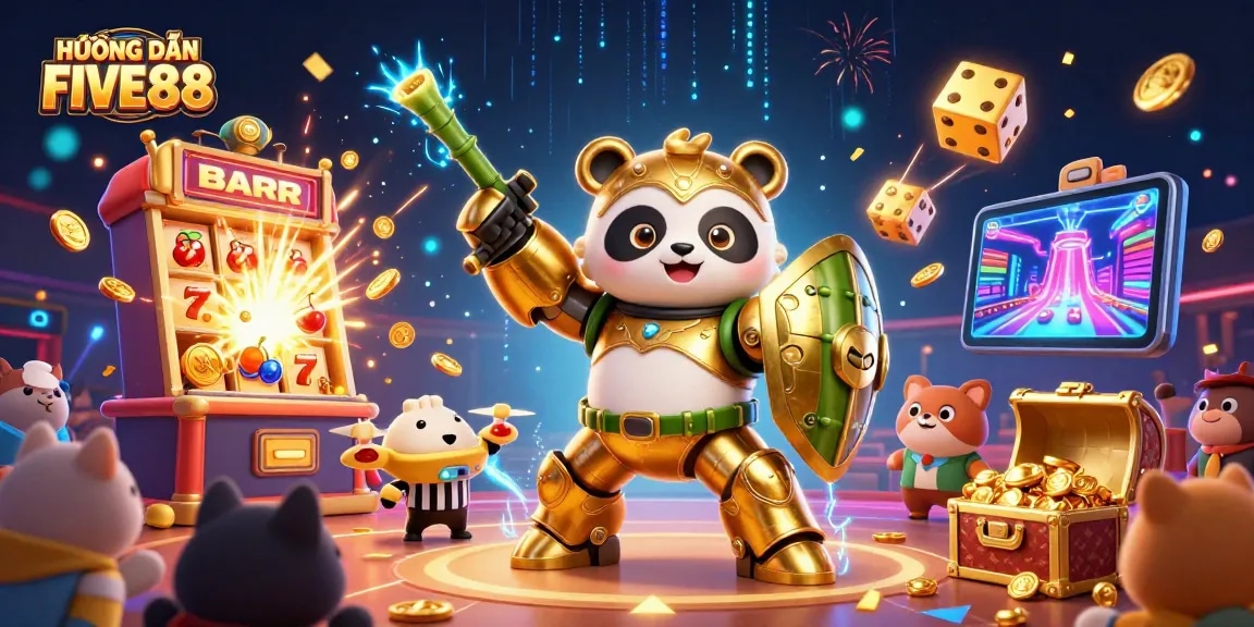 Join the excitement of HƯỚNG DẪN FIVE88 with a vibrant 3D casino battle scene showcasing fun games.