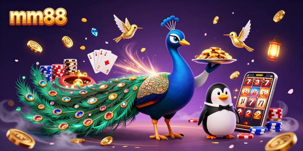 Experience the mm88 casino excitement with the peacock, penguin, and hummingbird surrounded by winning elements.