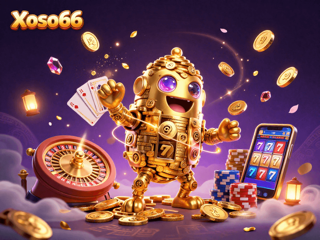 Experience thrilling gameplay at Xoso66 with a vibrant display of casino excitement, featuring a golden golem and jackpot symbols.