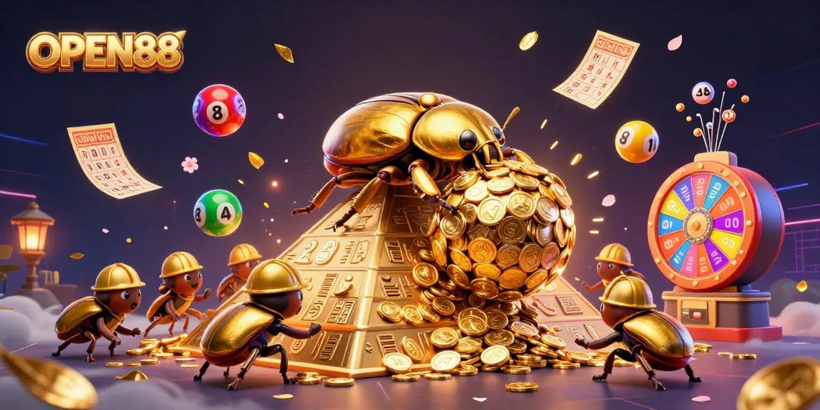 Experience big wins with OPEN88 in a vibrant casino scene filled with golden coins and lottery excitement.