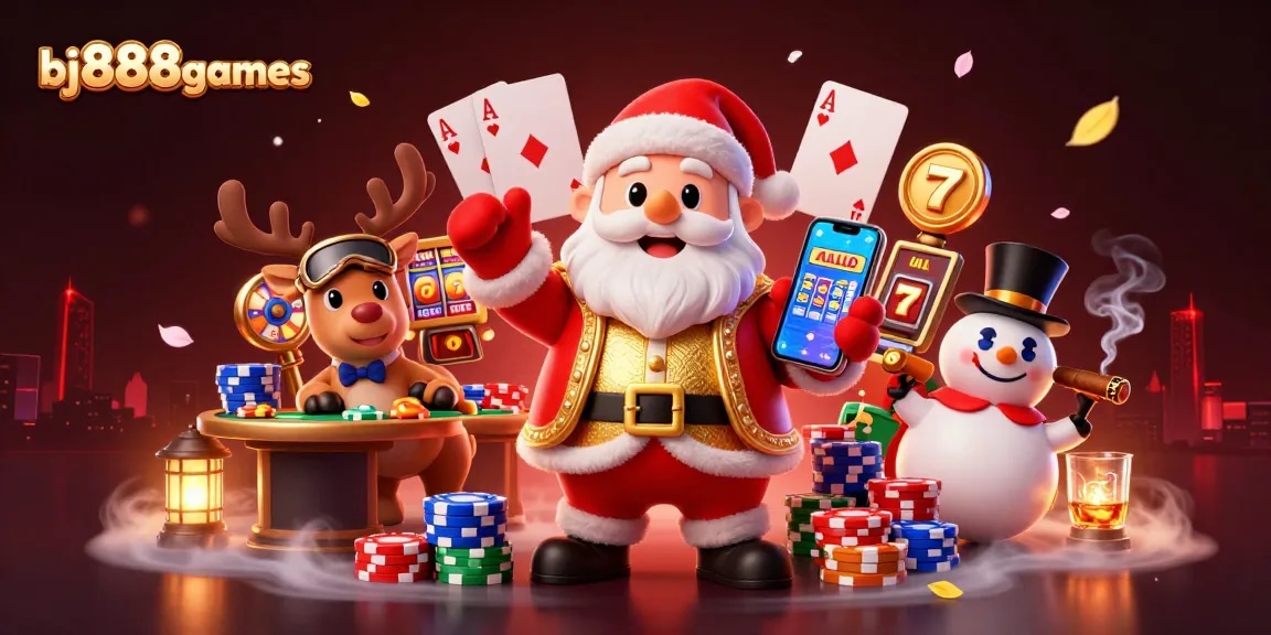 Experience excitement at bj888games with Santa celebrating jackpots and poker chips in a vibrant casino.