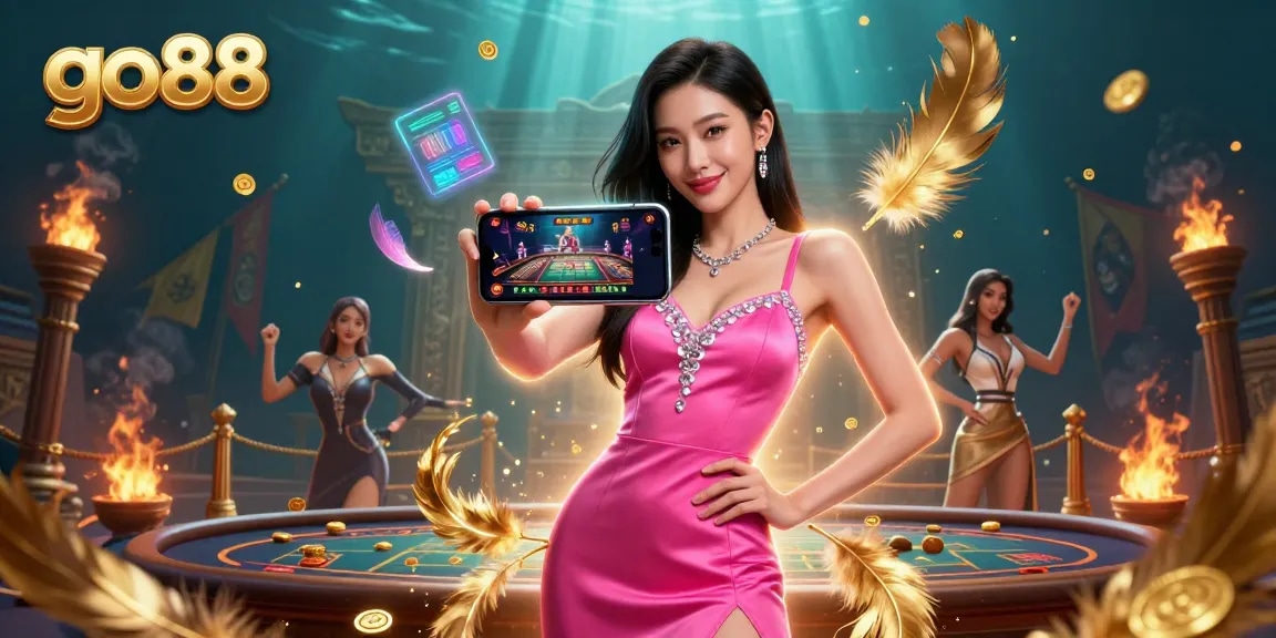 Play engaging games like slots and live dealer action at go 88, vibrant casino scene.