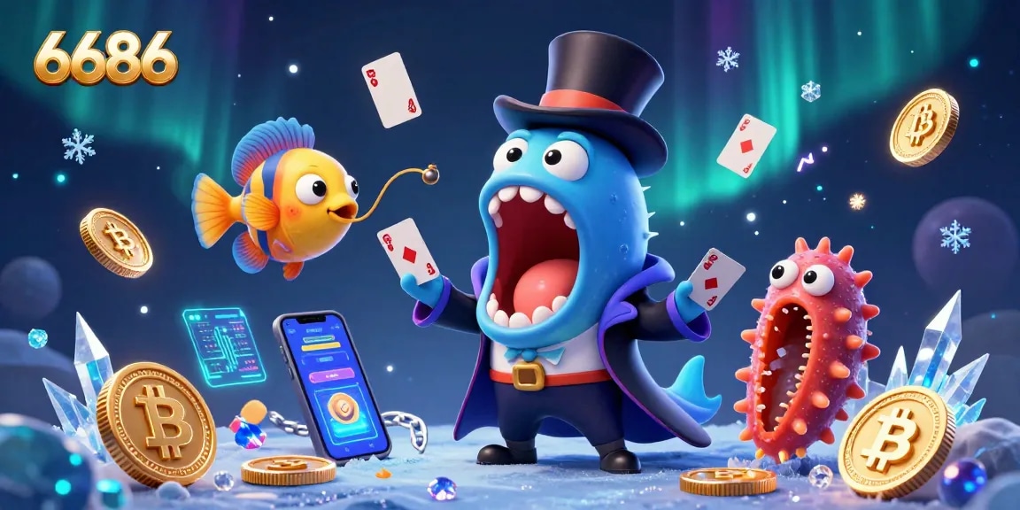 Experience thrilling gaming with 6686's vibrant underwater casino scene featuring a bioluminescent eel magician.