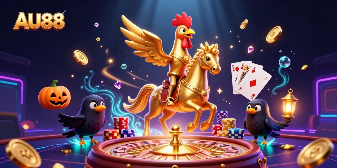 Experience AU88's captivating casino magic with a golden rooster leading a lively scene of treasures.