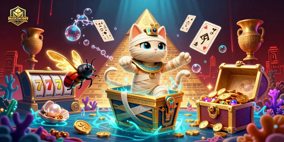 Experience the excitement of MASKOKI889 with winning slots and a thrilling pyramid casino atmosphere.