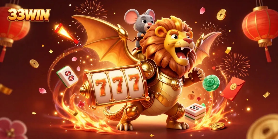 33WIN players engage in thrilling slots with golden chimera and celebrations.