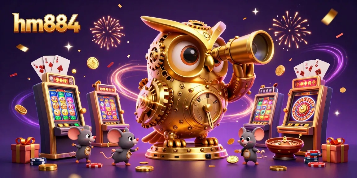 Spin the reels at hm884's vibrant casino scene with energetic clockwork characters and festive atmosphere.