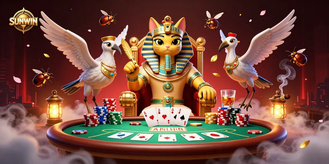 SUNWIN showcases a vibrant 3D casino scene featuring a pharaoh cat on a throne amidst poker elements.