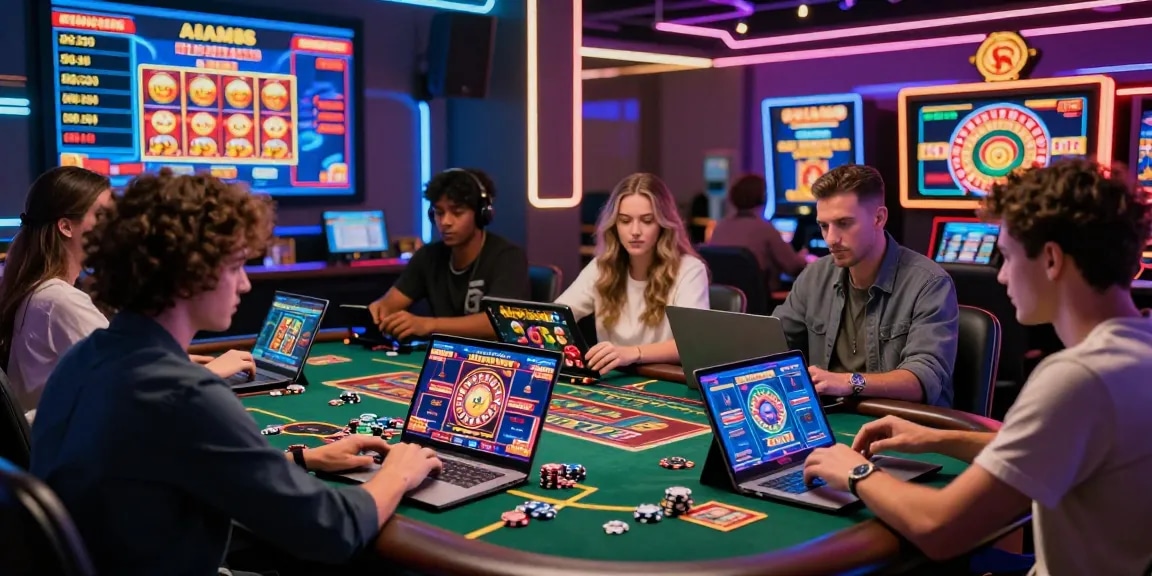 Scena emozionante del casinò non AAMS con diversi giocatori impegnati in vivaci attività di gioco d'azzardo online in un moderno casinò virtuale.