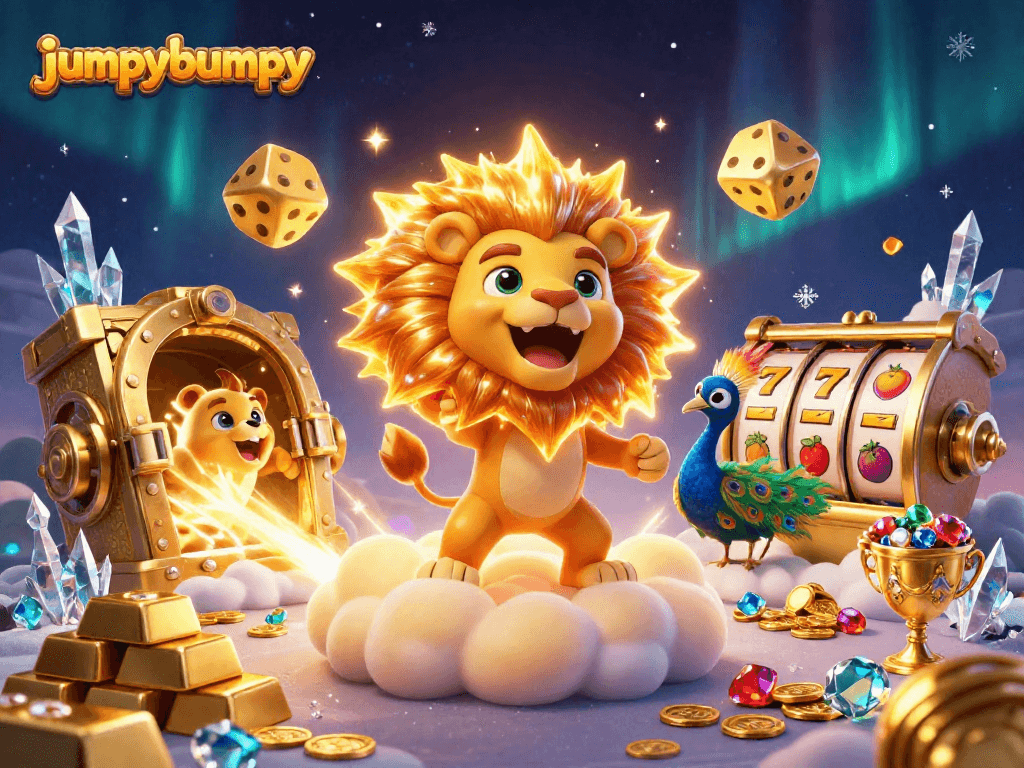 Engage with jumpybumpy's vibrant slots scene featuring the roaring sun lion and golden treasures.