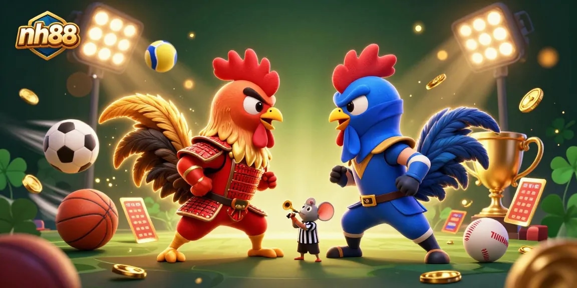Experience thrilling cockfighting action at nh88 with dynamic roosters and sports elements in a vibrant casino scene.