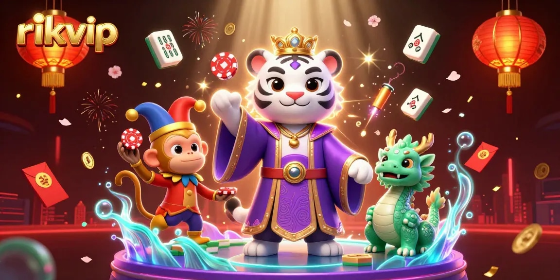 Experience top-tier gaming at rikvip with dynamic characters amidst vibrant casino elements.