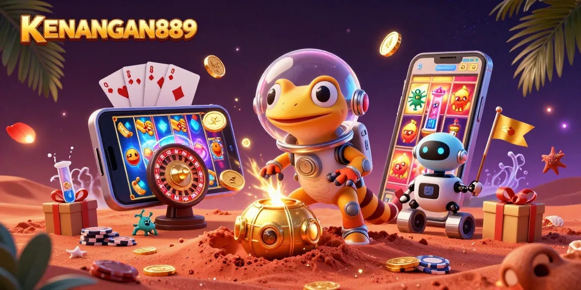 Play slots and win with KENANGAN889 in a vivid 3D scene featuring Martian gecko and casino treasures.