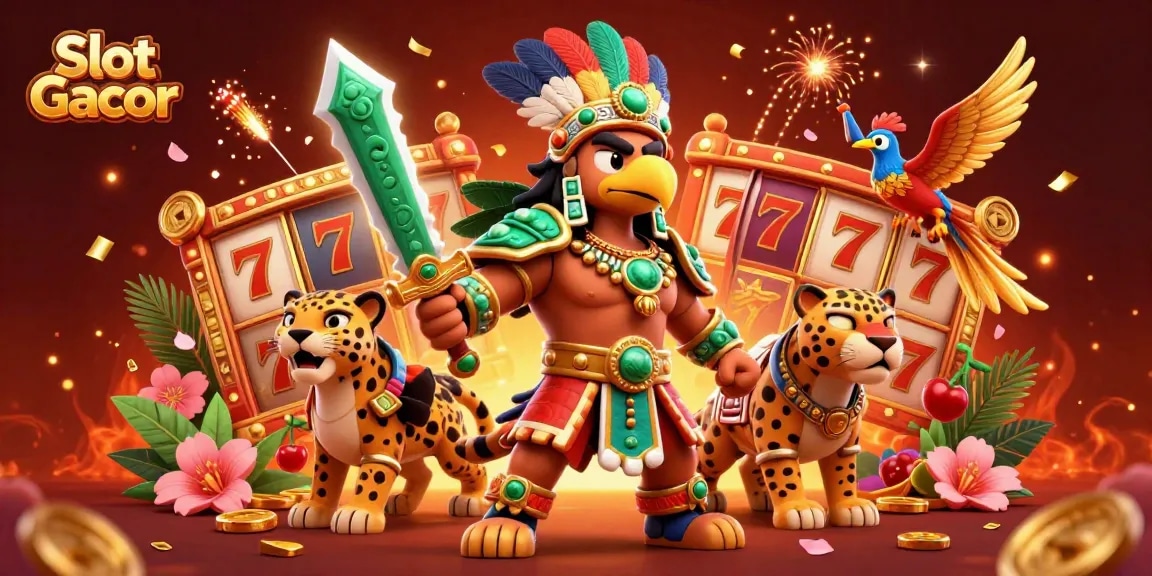Engage with the exciting Slot Gacor scene featuring Aztec warriors, vibrant slot reels, and festive decorations.