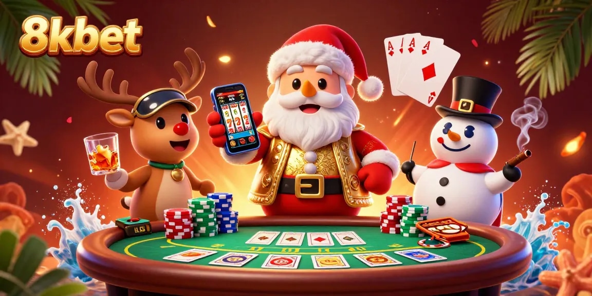 Experience the excitement of 8xbet with jackpot slots, poker chips, and festive characters.