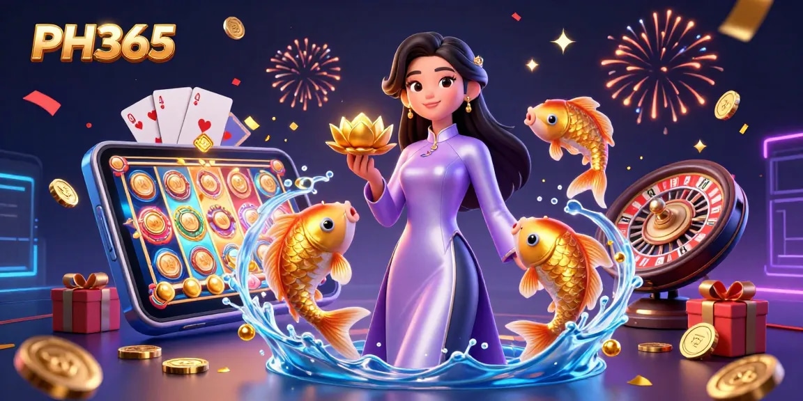 Experience thrilling gameplay with PH365 featuring an elegant woman, golden koi fish, and exciting casino elements.
