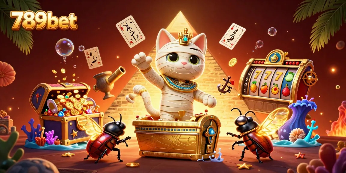 Engage with 789bet's dynamic casino world featuring an Egyptian mummy cat, rich game themes, and vibrant details.